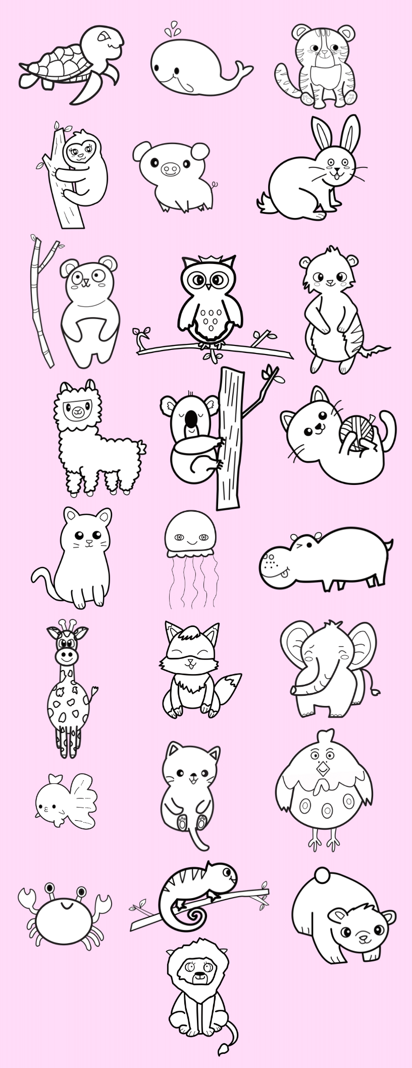 Cute Kawaii Animals Line Art